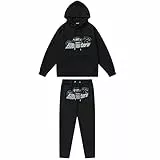 AVLUZ, Completo sportivo da uomo, con felpa con cappuccio e pantaloni pull-on, con scritta 'Trapstar' ricamata, stile casual e hip hop, in cotone, unisex, Nero , XL