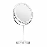 Auxmir Specchio Trucco da Tavolo Bifacciale, Specchio Ingranditore 10X/1X, Specchio da Bagno Rotazione a 360︒ Stile Retrò, Supporto Cromato, Bordo e Piedistallo Trasparente