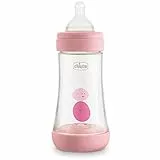 Chicco PERFECT 5 Biberon Anticolica 240 ml, Biberon Flusso Medio 2 Mesi + con Tettarella in Morbido Silicone, Biberon Biofunzionale con Intui-flow System da 240 ml, Rosa