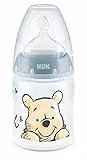 NUK First Choice+ - Biberon Disney Winnieh the Pooh, 0-6 mesi, indicatore di controllo della temperatura, 150 ml, valvola anti-colica, senza BPA, in silicone, colore: blu