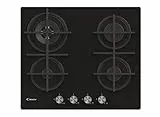 Candy CVG6BR4WPB Piano Cottura a Gas in Vetro Temperato da 60 cm, 4 Fuochi, da Incasso, Griglie in Ghisa, Bruciatore Wok, Valvola di Sicurezza, GPL e Metano, 60x51x50 cm, Nero