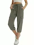 fuinloth Pantaloni Capri Donna 3/4 Estivi Pantaloni Elastico in Vita Pantaloni al Ginocchio con 4 Tasche Verde XL 48-50