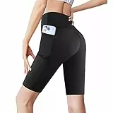 GoVIA Leggings Corti Pantaloni Sportivi da Donna con Tasche per Cellulare Allenamento Yoga Pantaloni Estivi Pantaloni da Corsa a Vita Alta 4174 Nero L-XL