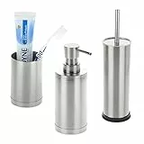 Relaxdays 3 Accessori Set da Bagno, Acciaio Inox, Bicchiere Portaspazzolino, Dispenser Sapone, Scopino WC, Argentato, 100%