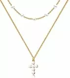 Kenivira Collana con pendente a croce in oro 18 carati Collana a strati delicata Collana con catena di perle Collane con girocollo Gioielli Regali per donne Ragazze
