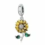 Qings Ciondolo Girasole Charms Argento Sterling 925 Sunflower Fiore Oro Ciondoli con Zirconi Cubici Compatibile con Braccialetti e Collane
