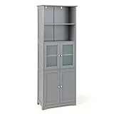 COSTWAY Armadio da Bagno, Mobiletto Alto da Terra con 2 Armadietti e Ripiani Regolabili, con Ante in Vetro, Mobile Portaoggetti Multiusi per Bagno Soggiorno, 60x30x163 cm (Grigio)