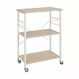 Amazon Basics Carrello multiuso da cucina, 3 ripiani con ruote, 6 ganci, Bianco/Beige, 60 cm