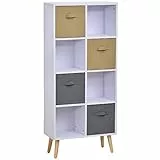 HOMCOM Armadietto Libreria in Legno Bianco 8 Ripiani e 4 Cassetti Pieghevoli in Tessuto Grigio e Marrone 54.5x24x122.5cm