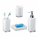 Relaxdays 10022586_49 Set 4 Accessori Bagno Bicchiere Igiene Dentale Portaspazzolini Dispenser Sapone Portasaponetta Bianco