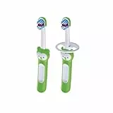 MAM Baby'S Brush Spazzolino Denti Neonato in Set da 2, Spazzolini per Neonati con Anello di Sicurezza, Impugnatura Corta Specifica per Denti da Latte, 6+ Mesi, Verde