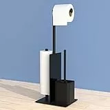 Susswiff Piantana Portarotolo e Scopino - Porta Carta Igienica Nero con Vetro, Acciaio Inox Portarotolo Carta Igienica con Spazzolino WC, Porta Rotoli Cartaigienica Bagno con Porta Scopino, in Piedi