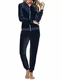 Irevial Tuta da Ginnastica Donna Casual Completo Sportiva Due Pezzi Giacca a Zip Tuta Pigiama Velluto Tempo Libero da Casa Blu Navy XXL