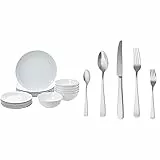 Amazon Basics - Servizio di piatti per 6 persone, 18 pezzi, Coppa di porcellana bianca & Servizio di 20 posate in acciaio inox con bordo squadrato per 4 persone