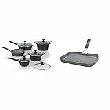 Tognana Evoluta Set Batteria, Alluminio Pressofuso, Grigio Marmorizzato, 10 Pezzi & WI758BDAMNF Grill Rettangolare con Manico Pieghevole Mythos, Alluminio, Grigio, 1
