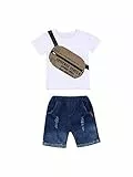 Loalirando 2 Pezzi Completo Bambino Tuta Ragazzi Cerimonia Eleganti Set Maglietta Manica Corte + Pantaloncini Jean Primavera Estate (1-2 anni, Bianco)