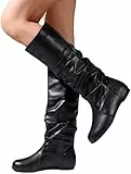 ORANDESIGNE Stivali Donna Alti Senza Tacco Scarponi in Cuoio Stivaletti da Neve Stivali Biker con Tacco Quadrato Stivali A Tubo Centrale In Tinta Unita Con Cerniera A Nero 36 EU