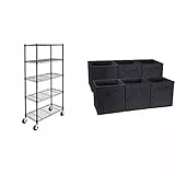 Amazon Basics 5-Shelf Storage Unit on 4-inch Casters with Height Adjustable Shelves and Adjustable Levelling Feet and Foldable Storage Cubes (6 Pack), Black