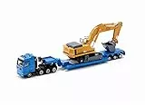 siku 1847, Autocarro con escavatore su semirimorchio a pianale ribassato, 1:87, Metallo e Plastica, Blu e Giallo, Semirimochio sganciabile