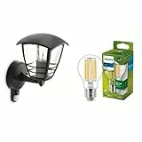 Philips LED Creek Lampada da Parete per Esterno con Sensore, Alluminio Nero + Philips LED Lampadina Classe A Ultra Efficiente, 4W, Luce Naturale, E27