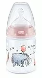 NUK First Choice+ - Biberon Disney Winnieh the Pooh, 0-6 mesi, indicatore di controllo della temperatura, 150 ml, valvola anti-colica, senza BPA, in silicone, rosa