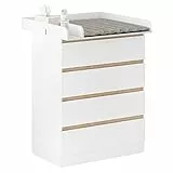 WOLTU Mobile Fasciatoio per Bambini, Cassettiera con 4 Cassetti, Cassettone con Ripiano Fasciatoio Rimovibile, in Legno MDF e Truciolare, Bianco, 80x75x109,2cm