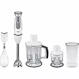 Braun Minipimer 5245 – Frullatore a mano, 1000 W, 21 velocità e funzione turbo, anti-schizzi, 4 accessori (fruste, mini tritatutto 350 ml, frullatore a bicchiere da 1,25 l, misurino da 600 ml) bianco