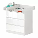 WOLTU Cassettiera con Fasciatoio per Bambini, Cassettiera a 3 Cassetti, Fasciatoio con Divisorio Rimovibile, in MDF, Truciolare e Metallo, Bianco