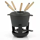 BBQ-TORO Set fonduta in ghisa per 6 Persone Set fonduta 13 Pezzi con bruciatore e forchette quantità di riempimento 1 litro di Cioccolato al Formaggio induzione. (Nero/già imbrimere)