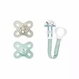 MAM Set di 2 Succhietti Start Nanò 0-2 Mesi in Silicone, Color Neutro con Clip & Cover, Catenella Porta Ciuccio