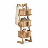 relaxdays 10021556 Scaffale Bagno Legno, 3 Cestini, Portatile, Cestini Portaoggetti, Salvaspazio, Resistente all'Acqua, Naturale, 77 X 23 X 20 Cm