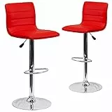 Flash Furniture Moderno Sgabello da Bar in Vinile Regolabile in Altezza con Cucitura Orizzontale Posteriore, Set di 2, Rosso, 2 Pezzi
