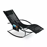 Relaxdays Lettino per Il Giardino, Sdraio Ergonomica con Funzione Dondolo, Fino a 150 kg, con Cuscini e Tasche, Nero, 50% Poliestere 40% Acciaio 10% Schiuma