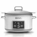 Crock-pot Pentola per Cottura Lenta, Slow Cooker, 5 lt, fino a 6 Persone, Spegnimento Automatico, DuraCeramic, Sauté per Rosolare su Gas e Induzione, 2 Impostazioni Cottura e Warm automatico, Bianco