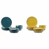 AmazonBasics, servizio di piatti, in grès, da 18 pezzi, colore Foglia di tè scuro, per 6 persone & servizio di piatti, in grès, da 18 pezzi, colore Giallo segnale, per 6 persone