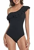 NLAND Costume Intero Monospalla con Volant Arricciato da Donna Costumi da Bagno Interi con Volant da Spiaggia con Scollo a V da Donna(Nero,M)