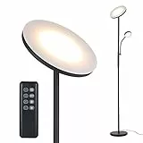Tomshine Lampada da Terra Torchiere a Doppia Luce con Telecomando 30W+7W, Dimmer Continuo, 4 Temperature di Colore, per Soggiorno, Camera da Letto, Ufficio, Studio