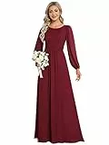 Ever-Pretty Vestito da Sera Donna Lungo Cintura Rotondo Manica Lunga Elegante Abiti da Cerimonia Borgogna 44