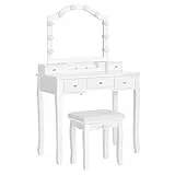 VASAGLE Toeletta con 10 Lampadine Dimmerabili, Postazione Trucco, Sgabello Imbottito, Tavolo da Trucco, 1 Organizzatore a 6 Slot Rimovibile, 5 Cassetti con 1 Divisore, Idea Regalo, Bianco RDT170W01