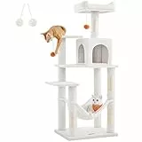 Feandrea Albero per Gatti Alto 143 cm, Tiragraffi per Gatti, con 4 Pali Graffiatoi, 2 Posatoi, 1 Grotta, 1 Amaca, 2 Pompon, in Peluche a Più Livelli, Bianco Crema PCT161T01