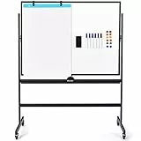 COSTWAY Lavagna Bianca Magnetica Mobile, Lavagna Cancellabile con Altezza Regolabile Girevole a 360°, con 4 Ruote Bloccabili, Doppia Faccia, 90 x 120 cm