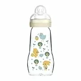 MAM Feel Good Biberon in vetro (260 ml), bottiglia per bambini con apertura ampia, borraccia stabile con tettarella misura 1, dalla nascita, coniglio/pulcino, Istruzioni in lingua straniera