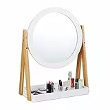 Relaxdays Specchio per Trucchi, Girevole, con Supporto, Cosmesi, da Tavolo ∅32,5 cm, Bambù, MDF, Bianco e Legno Naturale