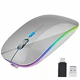 VEGCOO Mouse wireless ricaricabile, mouse per computer silenzioso, mouse wireless stabile da 2,4 G con luce LED, mouse portatile Type-C per Windows, Mac, laptop, desktop, MacBook(d'argento)