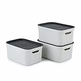 Rotho Jive Dekobox - Set di 3 scatole portaoggetti da 5 l con coperchio, in plastica (PP riciclata), bianco/antracite, 3 x 5 l (26,5 x 18,5 x 13,2 cm)