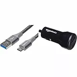 Amazon Basics - Cavo da USB C a USB 3.1 gen 1, in nylon a doppio intreccio | 1,8 m, Grigio scuro & - Caricabatterie per auto 4.8 A/24 W 2 porte USB per dispositivi Apple e Android, Nero