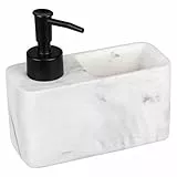 WENKO Dosatore per sapone Resa marmo, dispenser per la cucina effetto marmo con pratico vano porta spugna, spugna inclusa, ricaricabile, capacità ca. 150 ml, 14,5 x 14,3 x 6 cm, bianco/nero