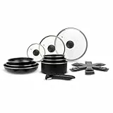 Sitram 713500 - Batteria da cucina in alluminio, 14 pezzi: 3 padelle Ø20,24,28 cm + 3 padelle Ø16,18,20 cm + 3 coperchi in vetro Ø16,20,24 cm + manico rimovibile + 4 feltrini