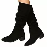 Onsoyours Stivali in Pelle Scamosciati da Donna con Tacco Grosso in Camoscio Stivali a Punta Stivali da Cavaliere Plissettati con Zeppa Autunno e Inverno A Nero 41 EU