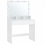 VASAGLE Toeletta, Tavolo da Trucco con Grande Specchio e Luce LED con Luminosità Regolabile, 2 Cassetti e 3 Scomparti, Postazione Trucco, Moderno, Bianco RDT120T10